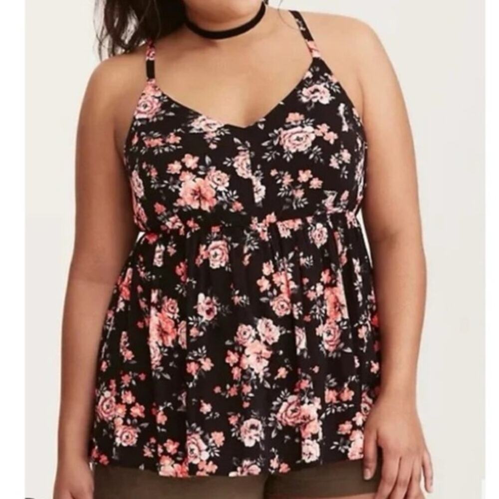 Torrid Floral Challis Babydoll Zip Back Pink Black adjustable Straps 2X 18 20